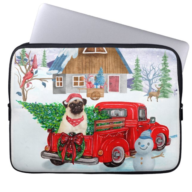 Funda Para Portátil Pug Dog In Christmas Delivery Truck Snow (Frente)