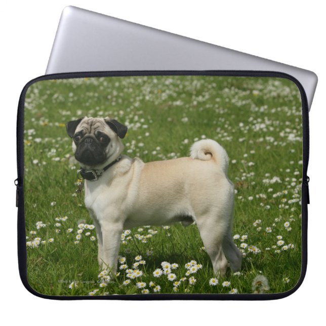 Funda Para Portátil Pug jugando en las flores (Frente)