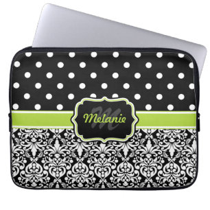 Funda Para Portátil Punto Polka de Damask Monogramado Verde Negro