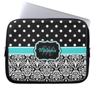 Funda Para Portátil Punto Polka Monogramado Black Blue Damask
