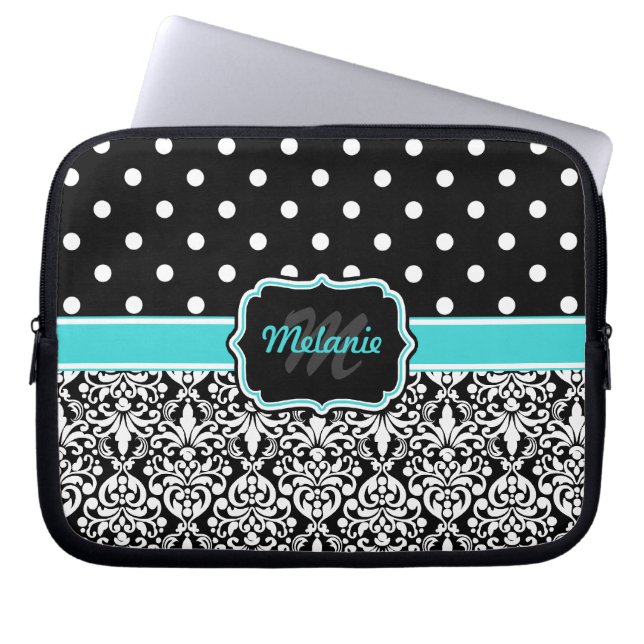 Funda Para Portátil Punto Polka Monogramado Black Blue Damask (Frente)