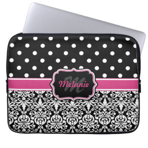 Funda Para Portátil Punto Polka Monogramado de color negro caliente