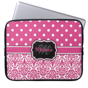 Funda Para Portátil Punto Polka Monogramado Hot Pink Damask