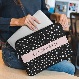 Funda Para Portátil Puntos dálmatas, puntos, negro y blanco, tu nombre