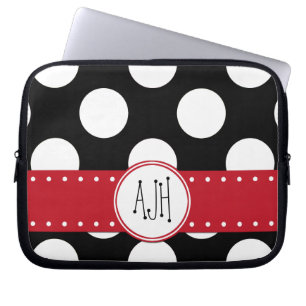Funda Para Portátil Puntos de Polka blancos y negros, punteados, monog