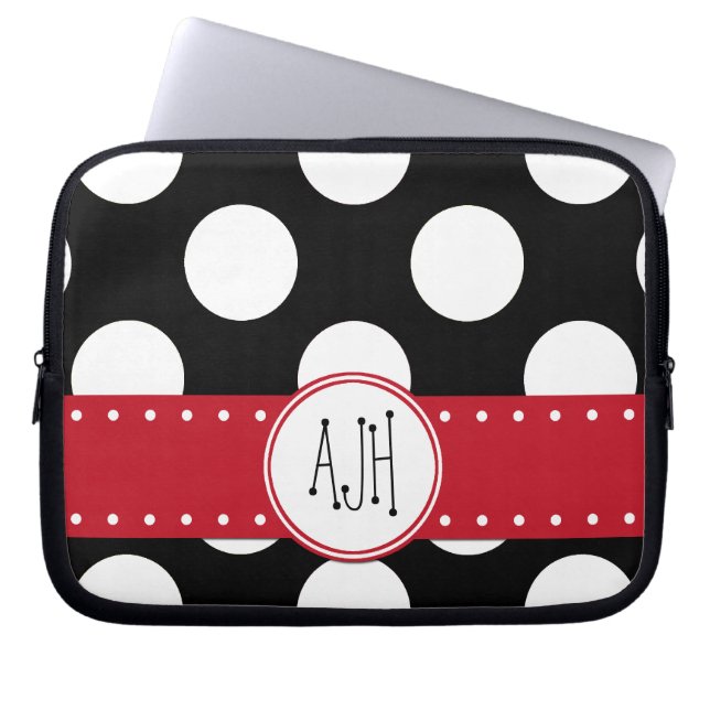 Funda Para Portátil Puntos de Polka blancos y negros, punteados, monog (Frente)
