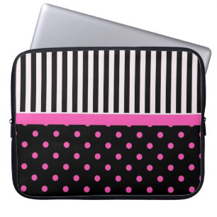 Funda Para Portátil puntos de polka rosa y tiras de B&W