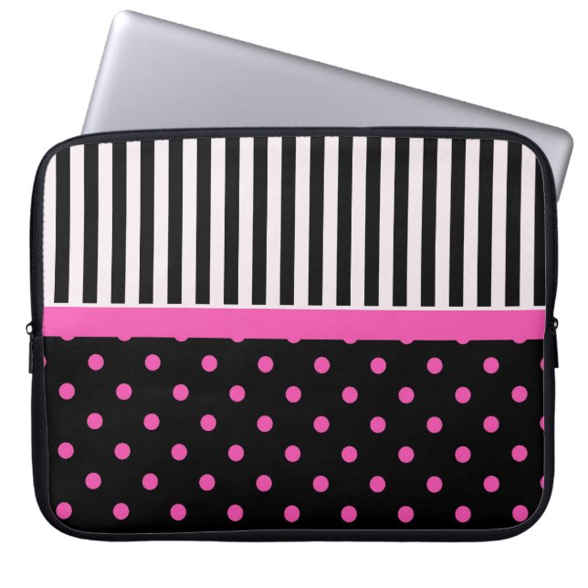 Funda Para Portátil puntos de polka rosa y tiras de B&W (Frente)