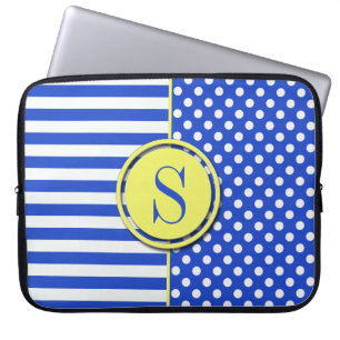 Funda Para Portátil Puntos reales del Polka Azul y franjas-Monograma S
