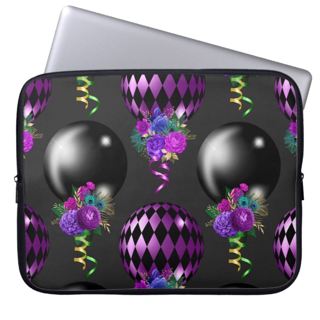 FUNDA PARA PORTÁTIL PURPLE & BLACK MARDI GRAS BALONES Y BOUQUETS (Frente)