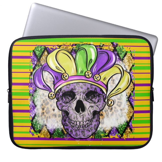 FUNDA PARA PORTÁTIL PURPLE GREEN GOLD STRIPTS & PURPLE SKULL (Frente)