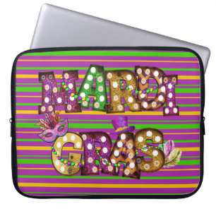 FUNDA PARA PORTÁTIL PURPLE HUELLAS DE ORO VERDE Y RÓTULO MARDI GRAS