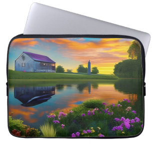 Funda Para Portátil Púrpura tejado de granjas Estanque al amanecer