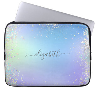 Funda Para Portátil Purpurina arcoiris monograma morado azul