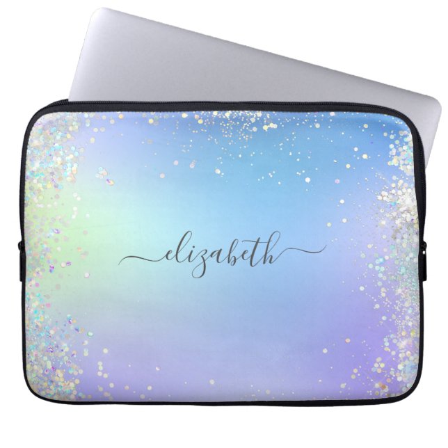 Funda Para Portátil Purpurina arcoiris monograma morado azul  (Frente)
