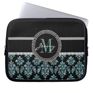 Funda Para Portátil Purpurina azul impreso, damasco negro
