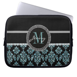 Funda Para Portátil Purpurina azul impreso, damasco negro