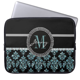 Funda Para Portátil Purpurina azul impreso, damasco negro