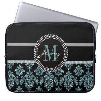 Funda Para Portátil Purpurina azul impreso, damasco negro