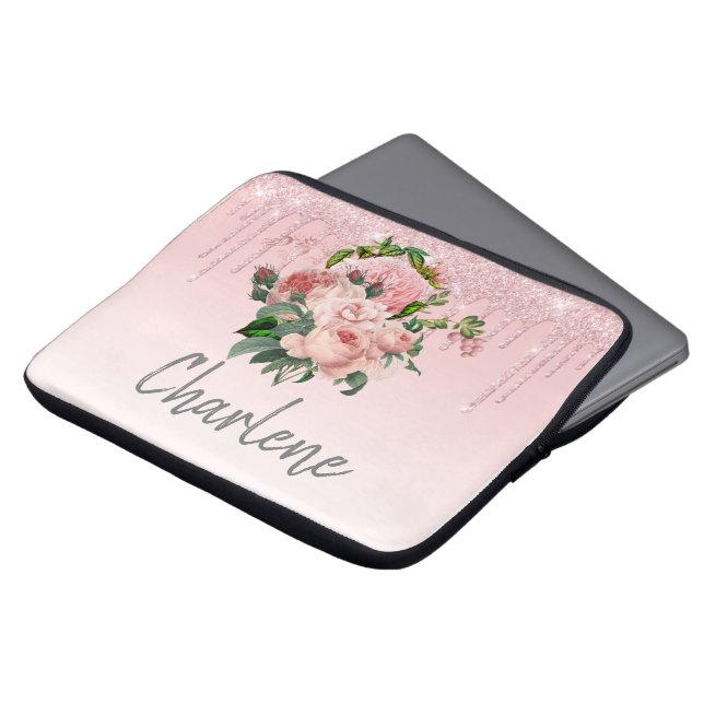 Funda Para Portátil Purpurina de goteo rosa Rubor Bouquet Floral rosa (Superior anverso)