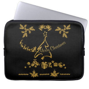 Funda Para Portátil Purpurina de oro Feliz Navidad, Santa Claus