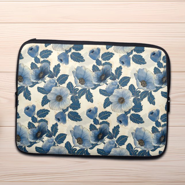 Funda Para Portátil Purpurina de oro floral azul Ukiyo-e japonés (Subido por el creador)