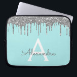 Funda Para Portátil Purpurina de plata azul verde azulado Monograma de<br><div class="desc">Azul verde azulado - Aqua y Plata Faux Dripping Moderno y Elegante Purpurina Girly y elegante Funda de Monograma Elegante Esparkle. Este funda se puede personalizar para incluir su nombre inicial y su nombre de pila.</div>