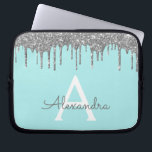 Funda Para Portátil Purpurina de plata azul verde azulado Monograma de<br><div class="desc">Azul verde azulado - Aqua y Plata Faux Dripping Moderno y Elegante Purpurina Girly y elegante Funda de Monograma Elegante Esparkle. Este funda se puede personalizar para incluir su nombre inicial y su nombre de pila.</div>