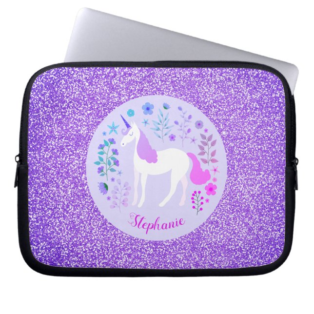 Funda Para Portátil Purpurina de unicornio rosa morado personalizado (Frente)