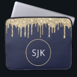 Funda Para Portátil Purpurina desliza a la Marina Oro Azul Girly Monog<br><div class="desc">Lujoso Purpurina de los Faux Blue Faux y Funda Sparkle Elegant Monogrammed Initials. Este funda se puede personalizar para incluir su nombre inicial y su nombre de pila.</div>