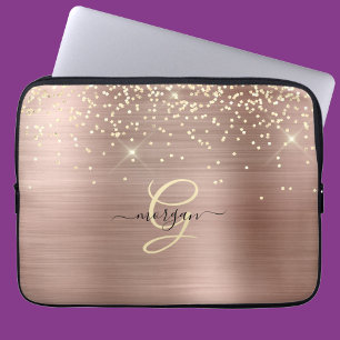 Funda Para Portátil Purpurina dorada, Monograma dorado, Nombre en letr