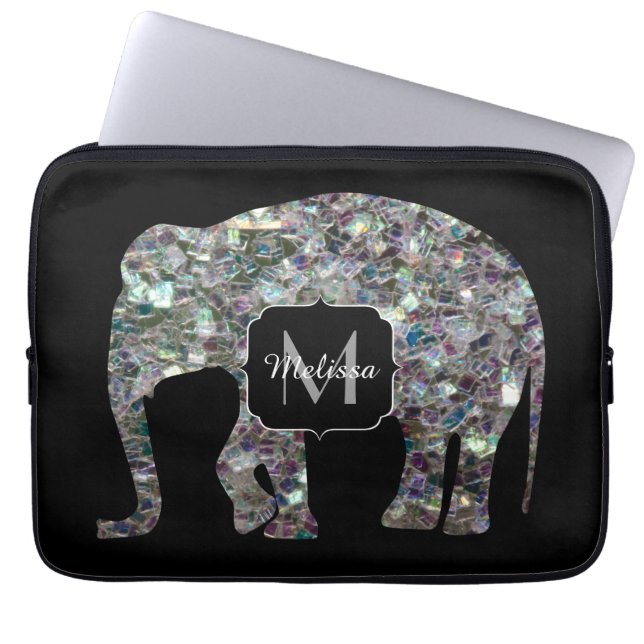Funda Para Portátil Purpurina elefante monograma de mosaico de plata e (Frente)