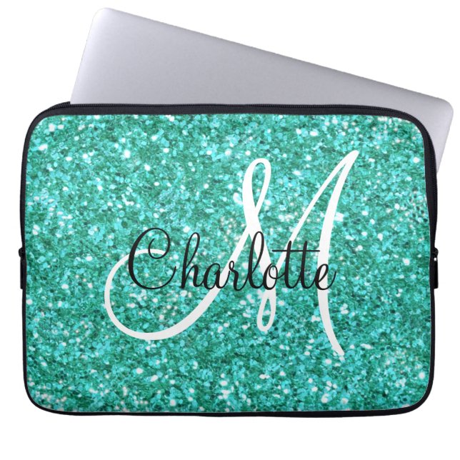 Funda Para Portátil purpurina espumoso verde azulado monogramado (Frente)