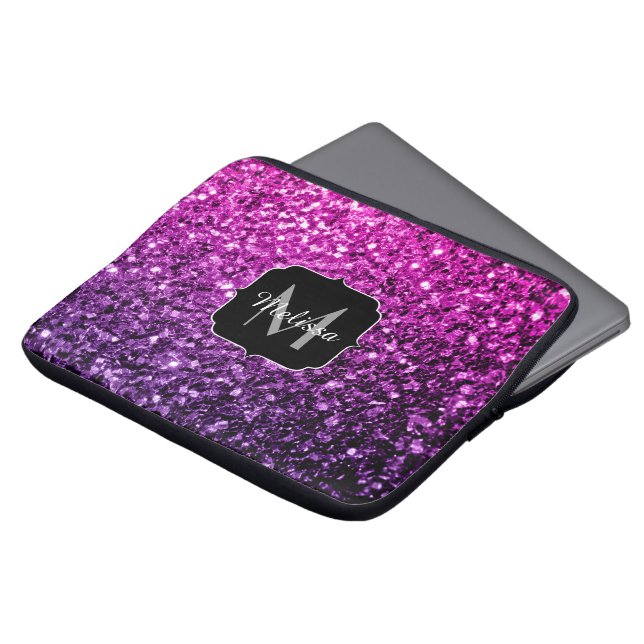 Funda Para Portátil Purpurina falso rosa morado chispas Monograma (Superior anverso)