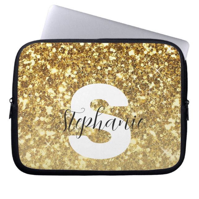 Funda Para Portátil Purpurina Girly Gold Sparkles Monograma Nombre de  (Frente)
