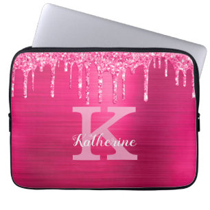 Funda Para Portátil Purpurina Girly Hot Pink Dris Moda Monograma Nombr