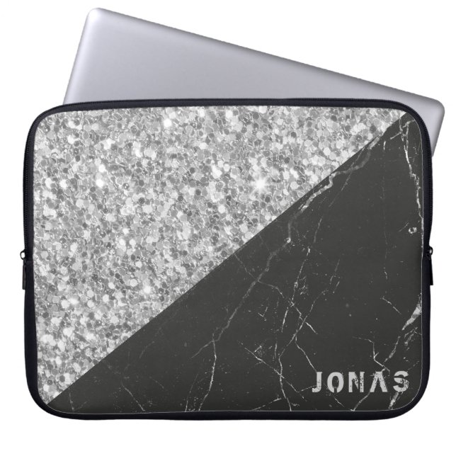 Funda Para Portátil Purpurina Gris Sparkling Mármol Negro (Frente)