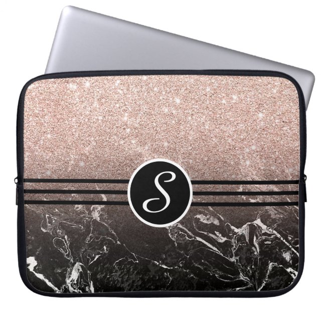 Funda Para Portátil Purpurina monogramada y mármol (Frente)