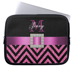 FUNDA PARA PORTÁTIL PURPURINA NEGRO DE CHEVRON DE LAS ROSAS FUERTES