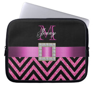 FUNDA PARA PORTÁTIL PURPURINA NEGRO DE CHEVRON DE LAS ROSAS FUERTES
