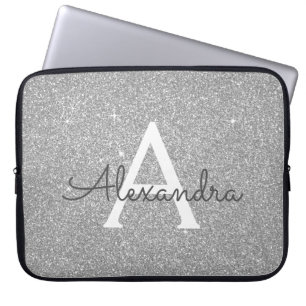 Funda Para Portátil Purpurina plateado de lujo y monograma espumoso
