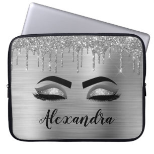 Funda Para Portátil Purpurina plateado Sparkle Eyelashes Monograma Nom