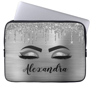 Funda Para Portátil Purpurina plateado Sparkle Eyelashes Monograma Nom