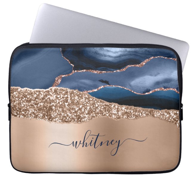 Funda Para Portátil Purpurina Rosa Oro Elegante Marina Monogramada Azu (Frente)