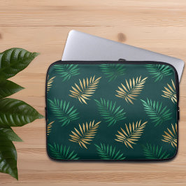 Funda Para Portátil Purpurina verde y dorado en hojas tropicales