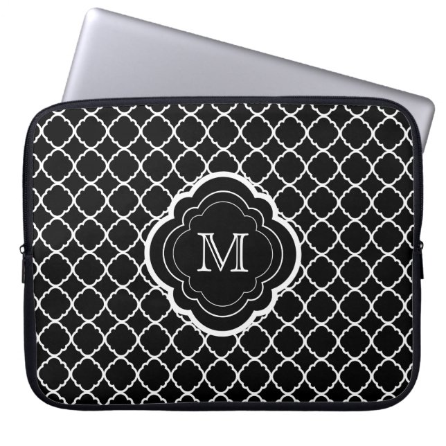 Funda Para Portátil Quatrefoil negro con el monograma (Frente)