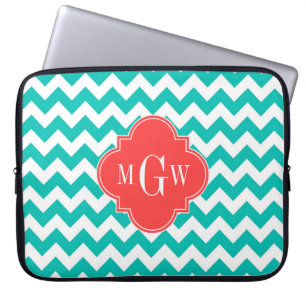 Funda Para Portátil Quatrefolios de coral de Chevron blanco verde azul