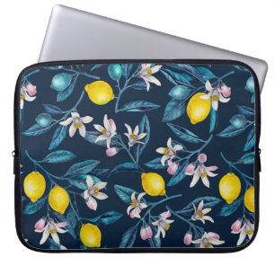 Funda Para Portátil Ramas de limón con flores y fruta en azul