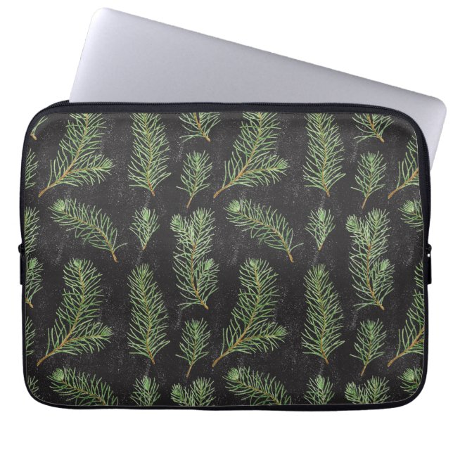 Funda Para Portátil Ramas de pino acuarela sobre fondo negro. (Frente)