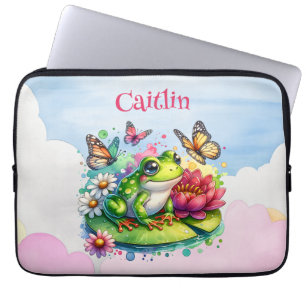 Funda Para Portátil Rana, flores y mariposas personalizadas